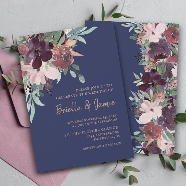 Watercolor Floral Navy Plum & Rose Gold Wedding Invitation (Creator Uploaded)