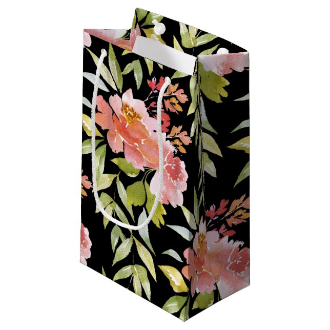 Watercolor Floral on Black Small Gift Bag (Front Angled)