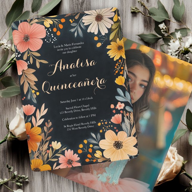 Watercolor Floral on Dark Quinceañera CUSTOM Photo Invitation (Watercolor Floral on Dark Quinceañera CUSTOM Photo Invitation
)
