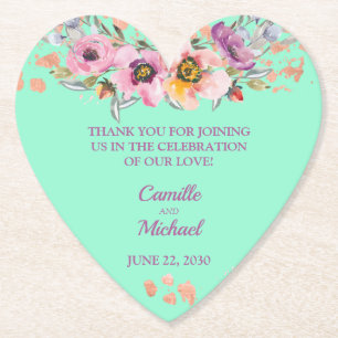 Watercolor Floral on Neo Mint with Rose Gold Paper Coaster