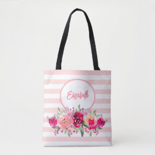 Watercolor Floral on Pink Stripes Monogram Tote Ba