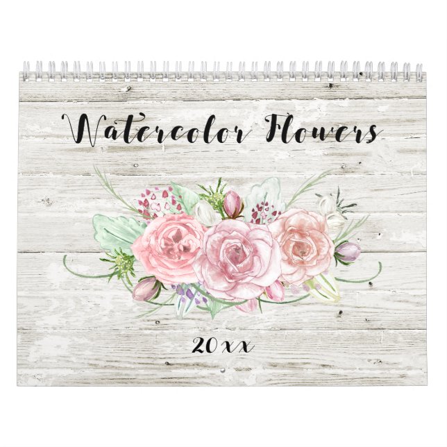 Watercolor Floral on Rustic Wood Calendar (Cover)
