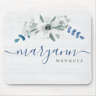 Watercolor floral on white wood Personalised name Mouse Pad