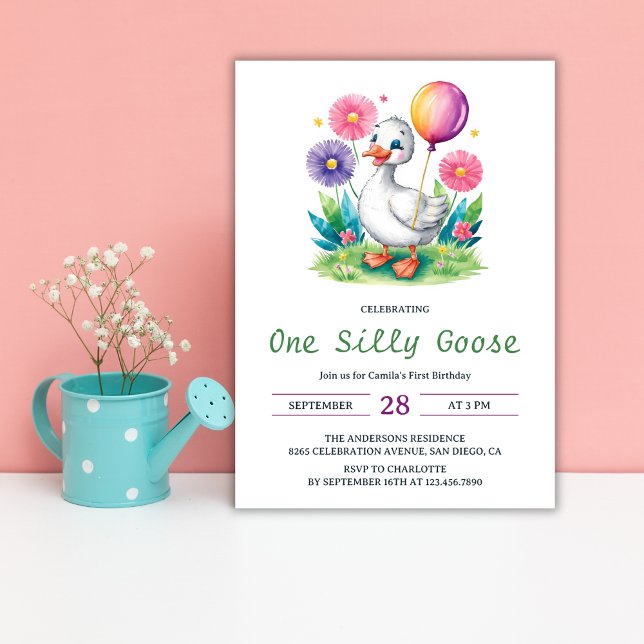 Watercolor Floral One Silly Goose First Birthday Invitation (Creator Uploaded)