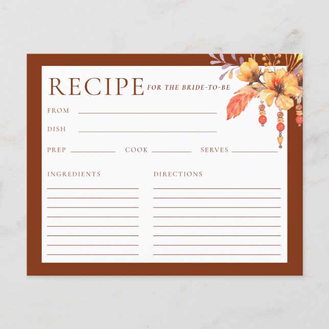 Watercolor Floral Orange Bridal Shower Recipe Card (Front)
