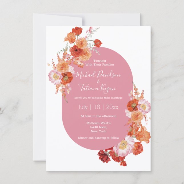 watercolor floral orange pink stylish wedding  invitation (Front)