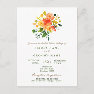 Watercolor floral orange wedding invitation postcard