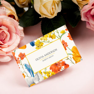 Watercolor Floral Orange Yellow Modern Bohemian Business Card