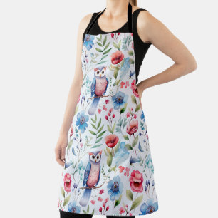 Watercolor Floral Owl Seamless Pattern Apron