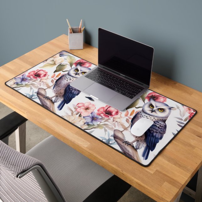 Watercolor Floral Owl Seamless Pattern Desk Mat (Office 2)