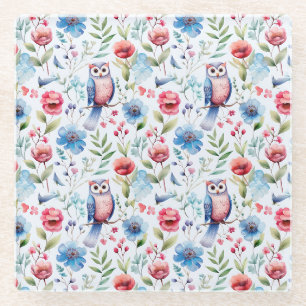 Watercolor Floral Owl Seamless Pattern Glass Coaster