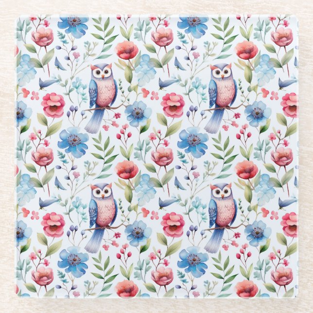 Watercolor Floral Owl Seamless Pattern Glass Coaster (Front)