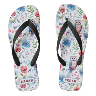 Watercolor Floral Owl Seamless Pattern Thongs