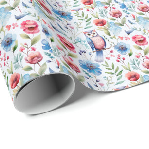 Watercolor Floral Owl Seamless Pattern Wrapping Paper