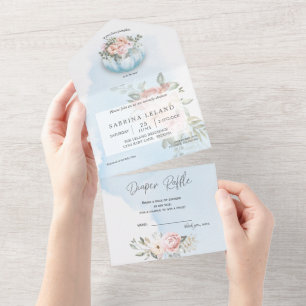 Watercolor Floral Pale Blue Pumpkin Baby Shower All In One Invitation
