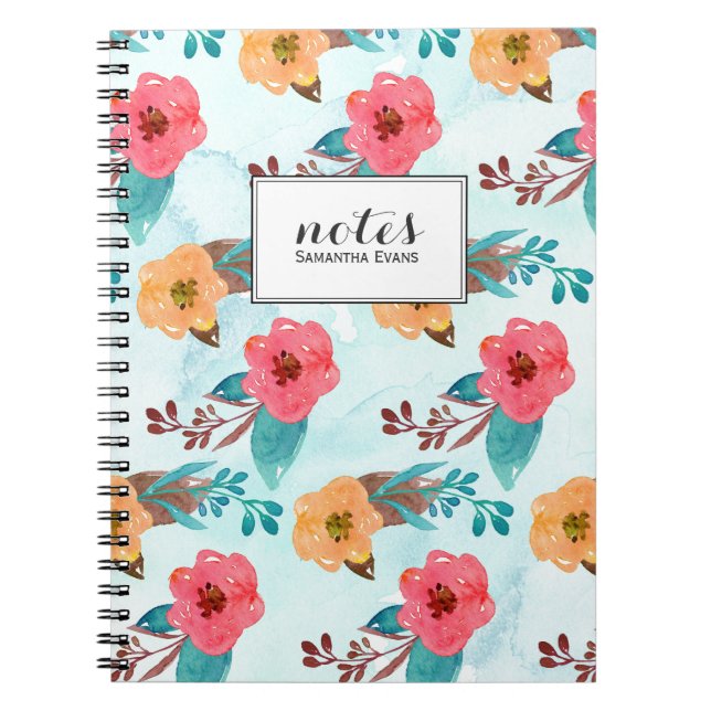 Watercolor Floral Pattern Aqua Blue and Pink Notebook (Front)