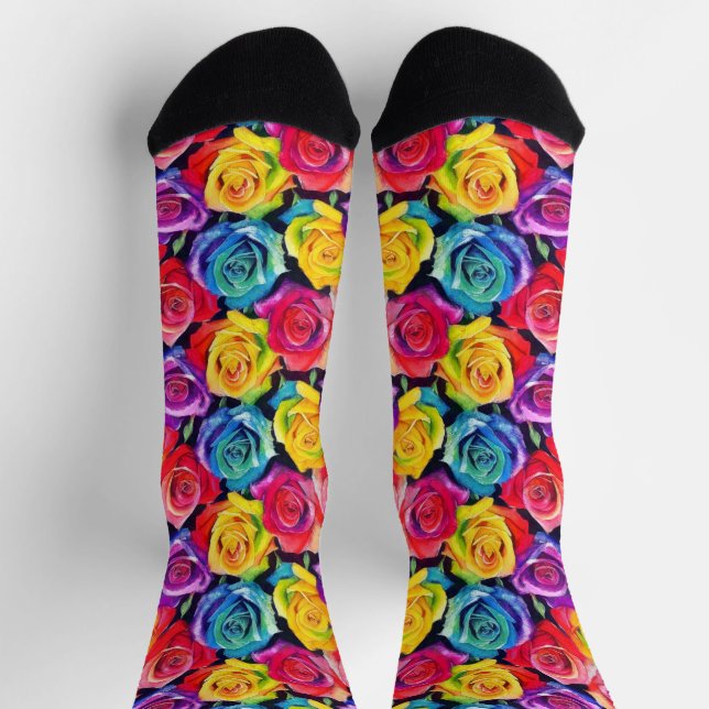 Watercolor floral pattern, colorful rainbow roses socks (Top)