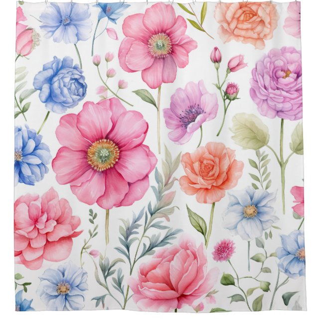 Watercolor Floral Pattern Colourful Flower  Shower Curtain (Front)