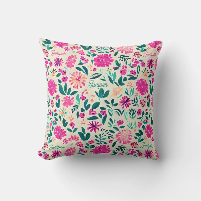 Watercolor Floral Pattern Custom Name Cushion (Front)