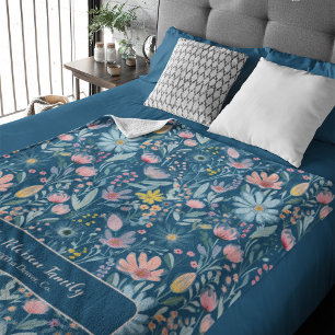 Watercolor floral pattern family name personalised fleece blanket
