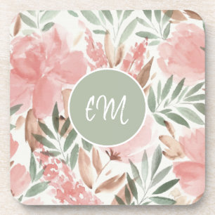 Watercolor Floral Pattern Monogram Coaster