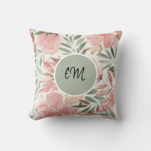 Watercolor Floral Pattern Monogram Cushion