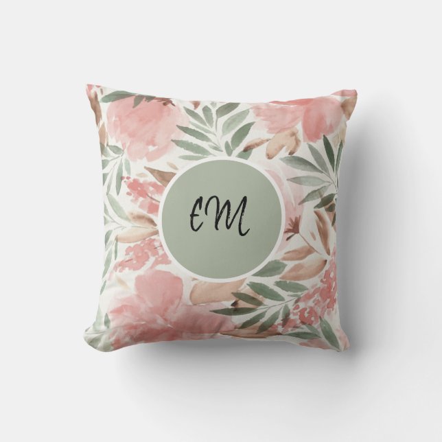Watercolor Floral Pattern Monogram Cushion (Front)