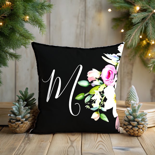 Watercolor Floral pattern monogram dark Cushion (Creator Uploaded)