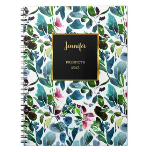Watercolor floral pattern monogram name notebook