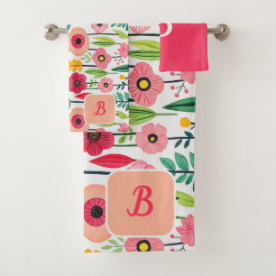 Watercolor Floral Pattern Monogrammed Name Bath Towel Set