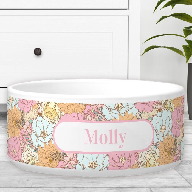 Watercolor Floral Pattern Name Pet Dog Bowl (Watercolor Floral Pattern Name Pet Dog Bowl)