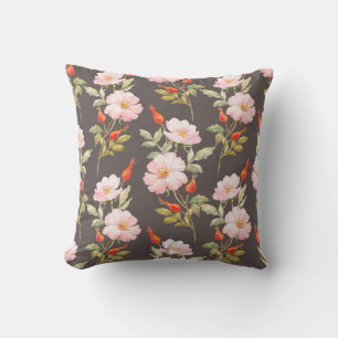 Watercolor floral pattern of dog rose and red berr cushion