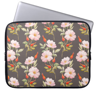 Watercolor floral pattern of dog rose and red berr laptop sleeve