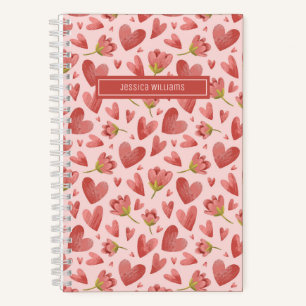 Watercolor Floral Pattern Red Flower and Heart Notebook