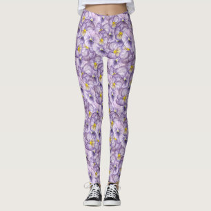 Watercolor floral pattern with violet pansies leggings