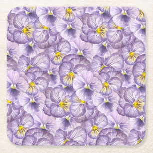 Watercolor floral pattern with violet pansies square paper coaster