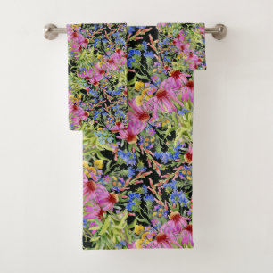 Watercolor Floral Pattern Yellow Green Pink Bath Towel Set