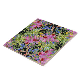 Watercolor Floral Pattern Yellow Green Pink Ceramic Tile