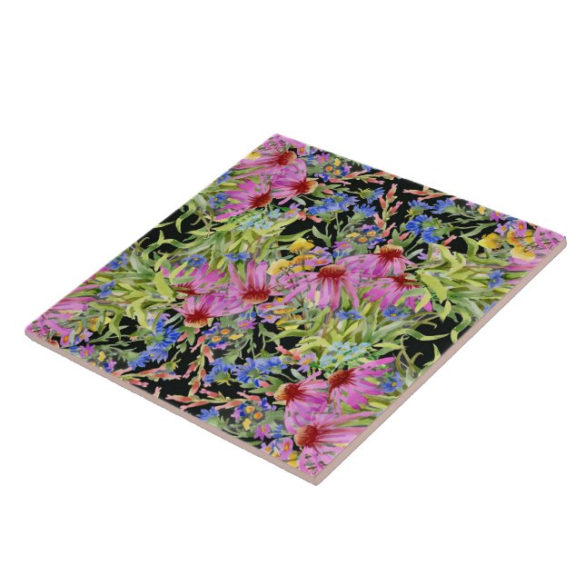 Watercolor Floral Pattern Yellow Green Pink        Ceramic Tile (Side)
