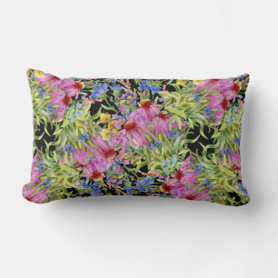 Watercolor Floral Pattern Yellow Green Pink Lumbar Cushion