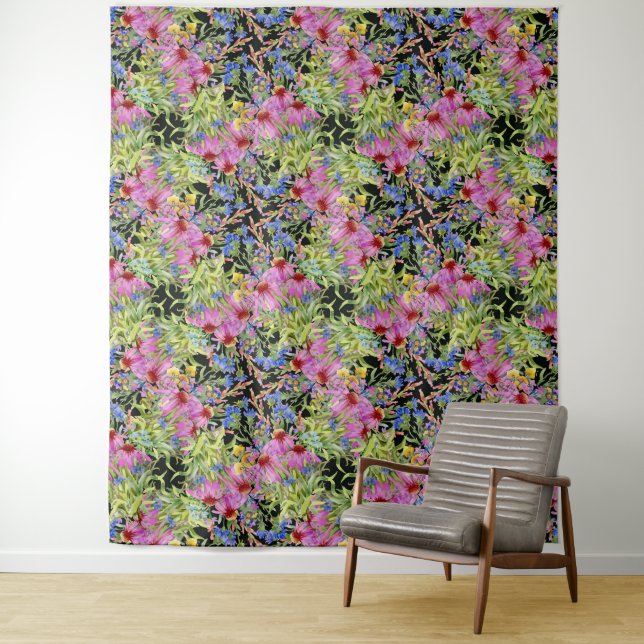 Watercolor Floral Pattern Yellow Green Pink        Tapestry (In Situ)