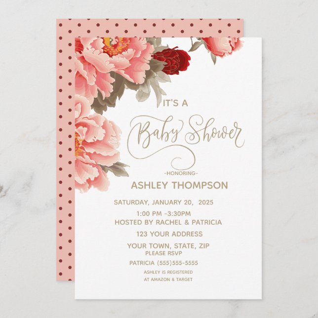   Watercolor Floral Peach Baby Shower       Invitation (Front/Back)