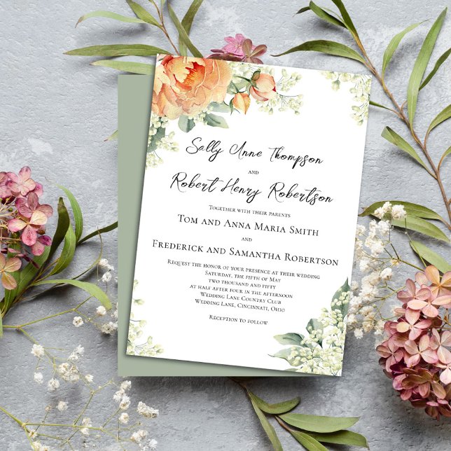 Watercolor Floral Peach Elegant Wedding  Invitation (Wedding beautiful peach floral invitations. )