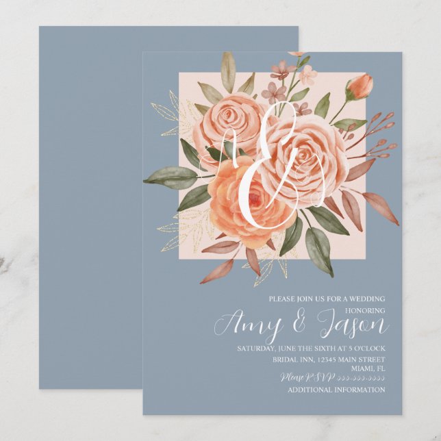 Watercolor Floral Peach Roses Dusty Blue Wedding B Invitation (Front/Back)