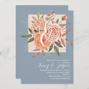 Watercolor Floral Peach Roses Dusty Blue Wedding B Invitation