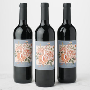Watercolor Floral Peach Roses Dusty Blue Wedding Wine Label