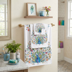 Watercolor floral peacock bath towel set