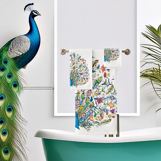 Watercolor floral peacock  bath towel set (Creator Uploaded)
