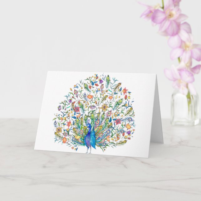 Watercolor floral peacock  card (Orchid)