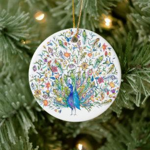 Watercolor floral peacock ceramic ornament